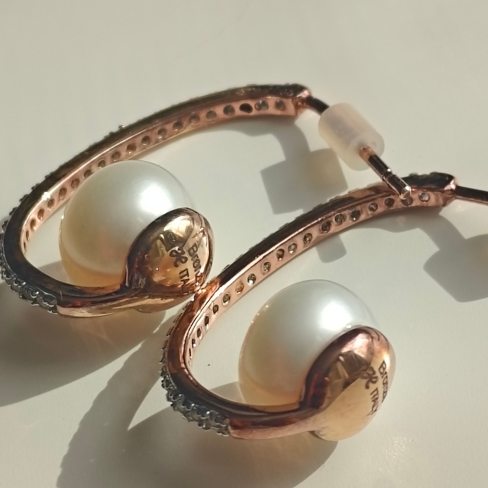 Honora Italy Rose Gold Bronze Real Pearl Crystal Pave Open Hoop Earrings - Picture 4 of 7